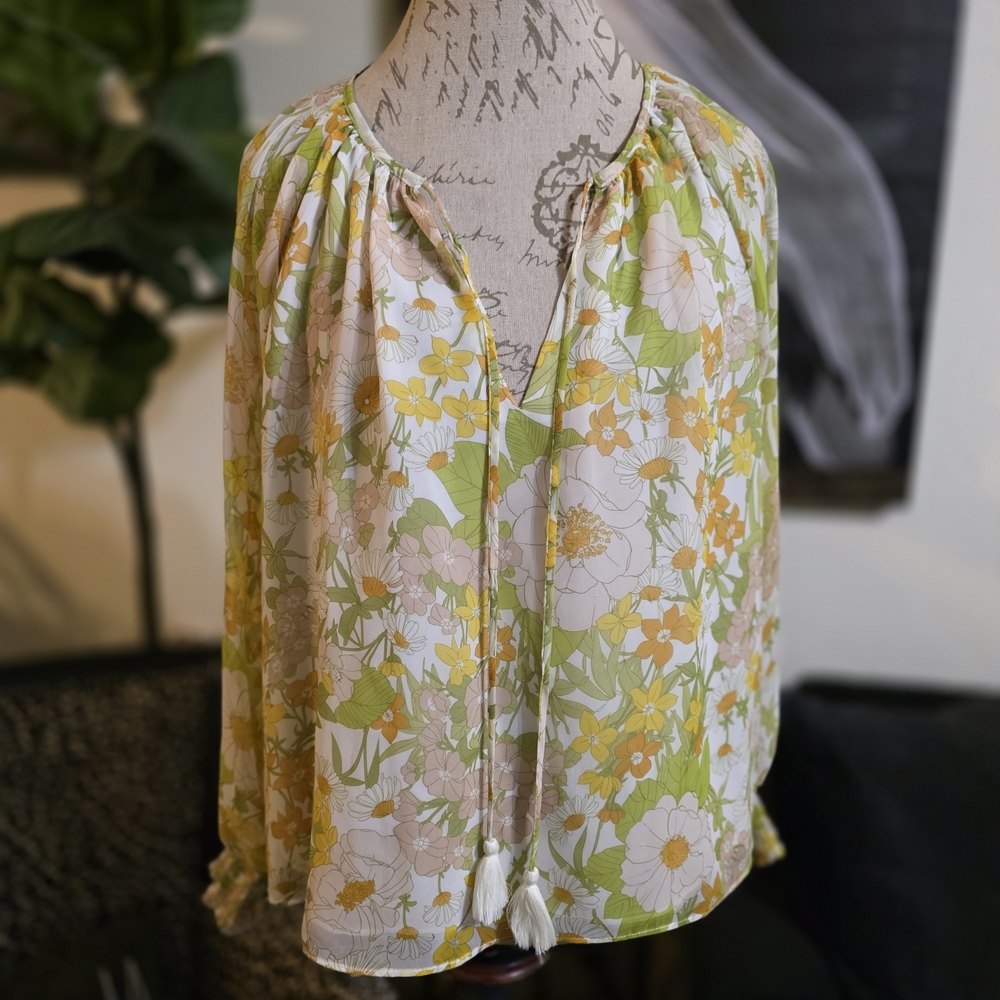 Anthropologie Aakaa Floral V-Neck Blouse - Yellow and White